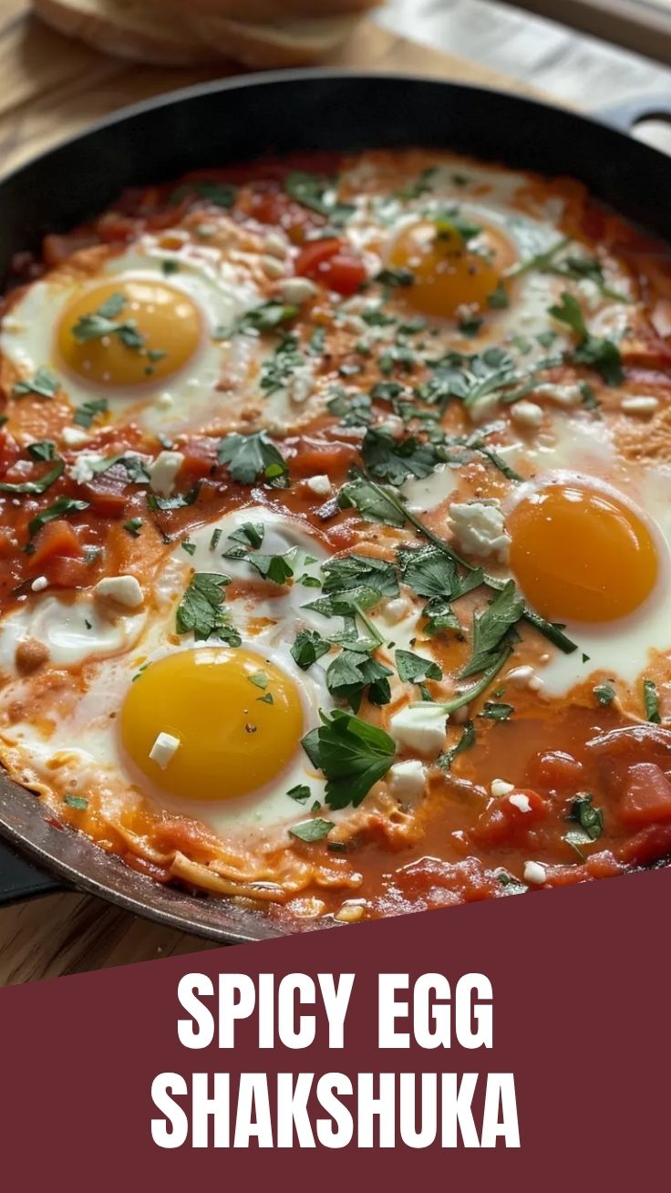 A vibrant shakshuka dish with poached eggs, tomatoes, and spices in a pan