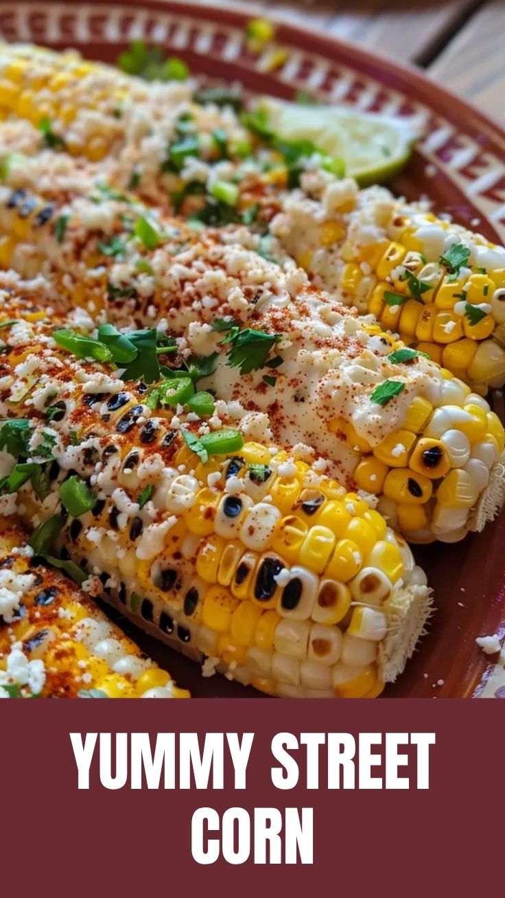 Close-up of a grilled street corn cob generously topped with cojita cheese, mayonnaise, and chili powder