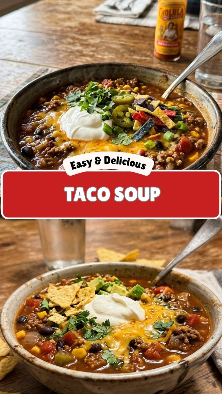 A steaming bowl of savory taco soup, garnished with fresh cilantro and sour cream.