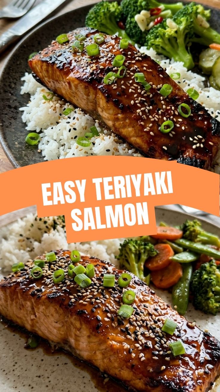 A perfectly glazed teriyaki salmon fillet, ready to serve.