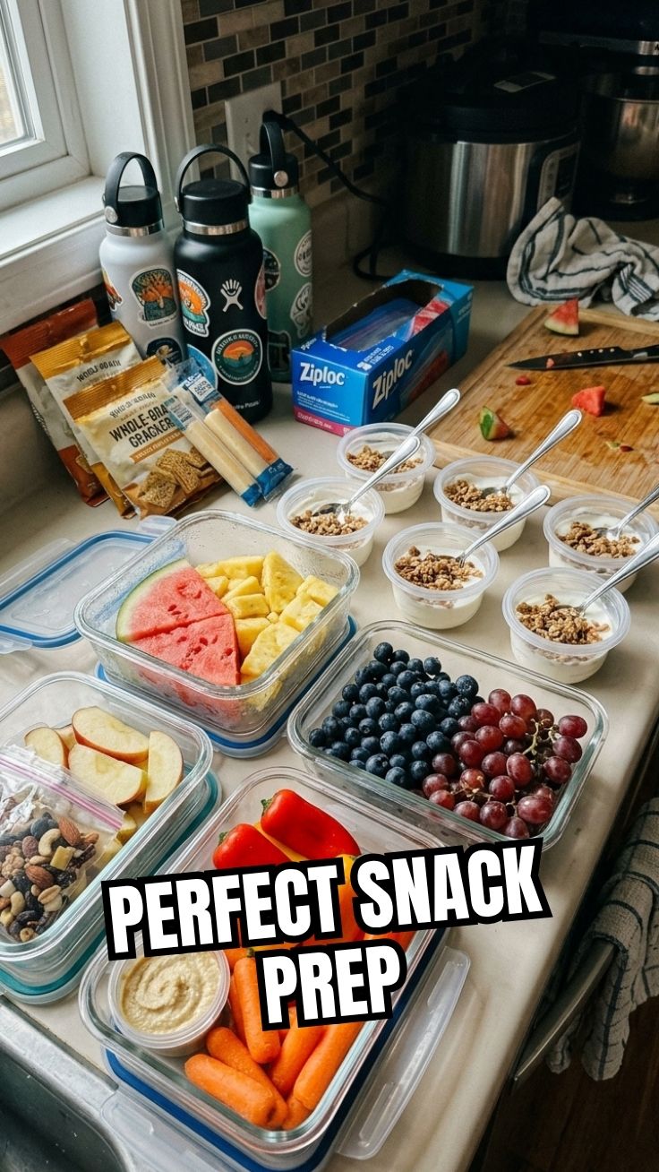 A variety of healthy school snack prep items laid out on a clean surface