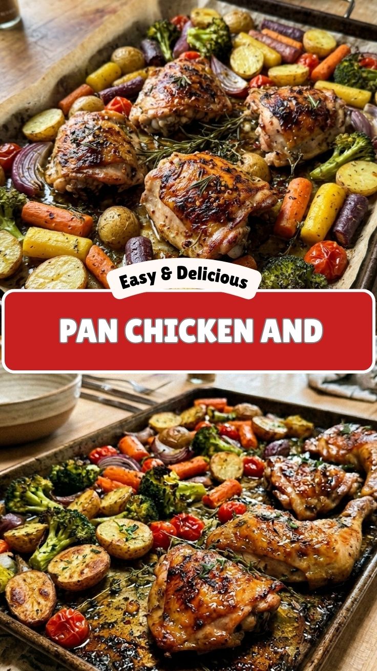 A colorful sheet pan chicken and vegetables dish, cooked and ready to serve.