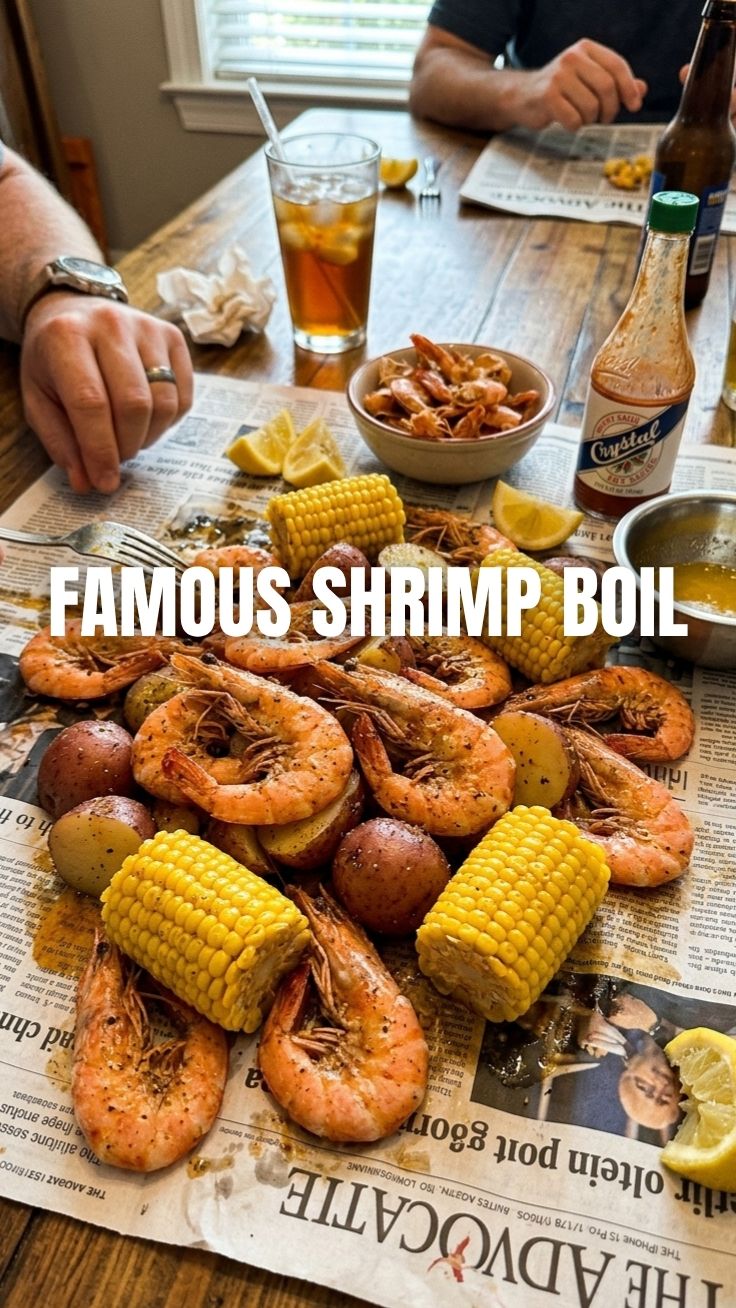 A vibrant shrimp boil platter, brimming with perfectly cooked shrimp, corn, and potatoes.