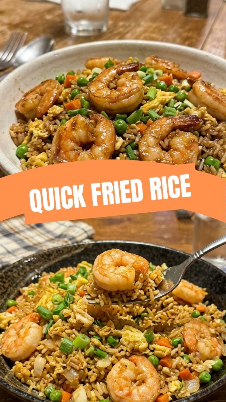 A vibrant bowl of shrimp fried rice with mixed vegetables and succulent shrimp.