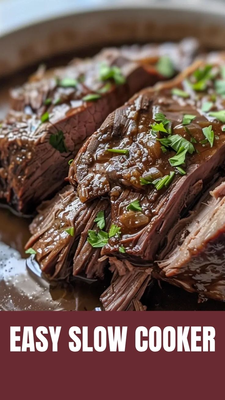A slow cooker pot roast with carrots, potatoes, and herbs