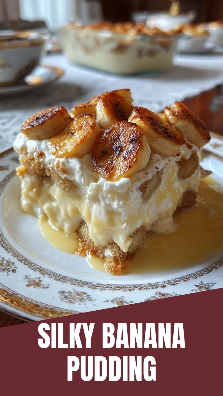 A creamy dish of traditional Southern banana pudding topped with meringue.