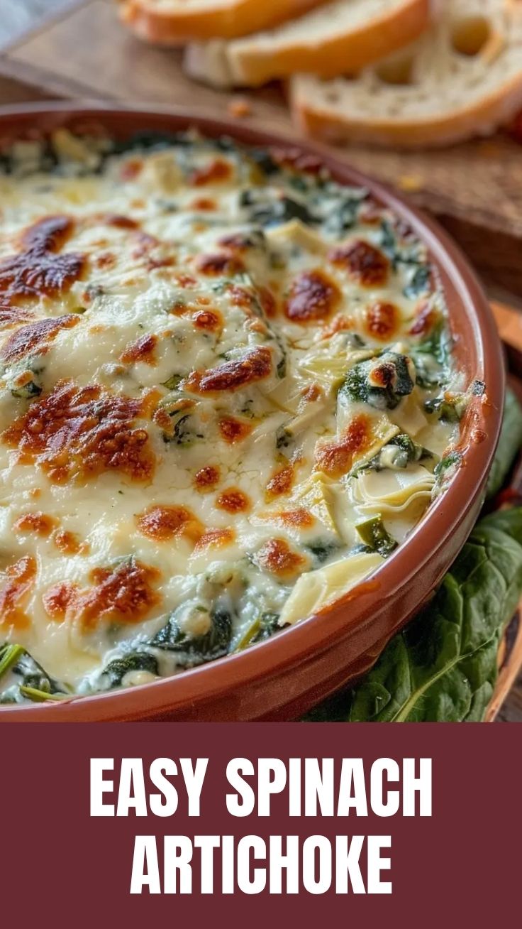 A hot and bubbly spinach artichoke dip, freshly baked and ready to serve.