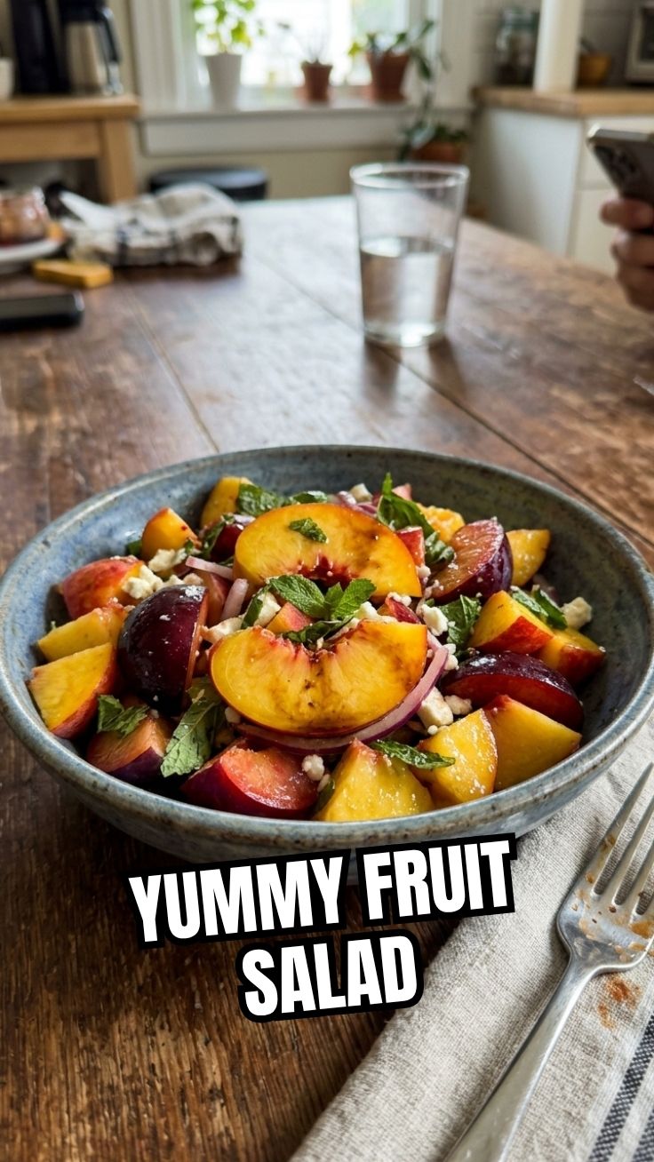 A colorful stone fruit salad featuring peaches and plums in a bowl.