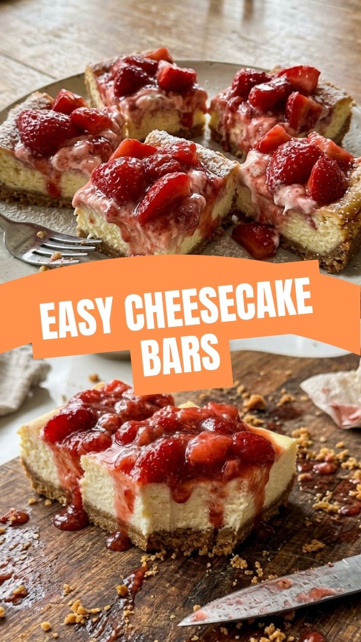A close-up shot of decadent strawberry cheesecake bars with a crumbly crust.