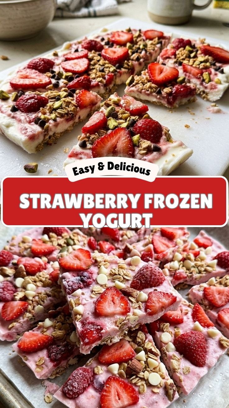 Close-up of strawberry frozen yogurt bark with chunks of fresh strawberries