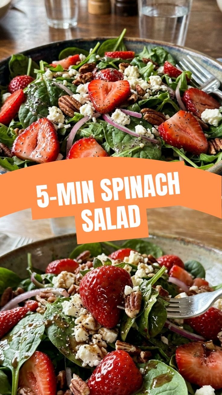 A refreshing strawberry spinach salad with nuts and dressing