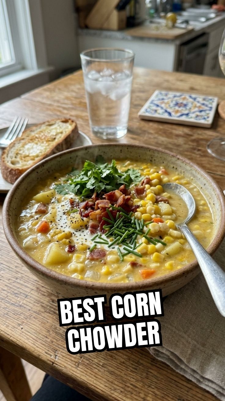 A bowl of light summer corn chowder with fresh herbs