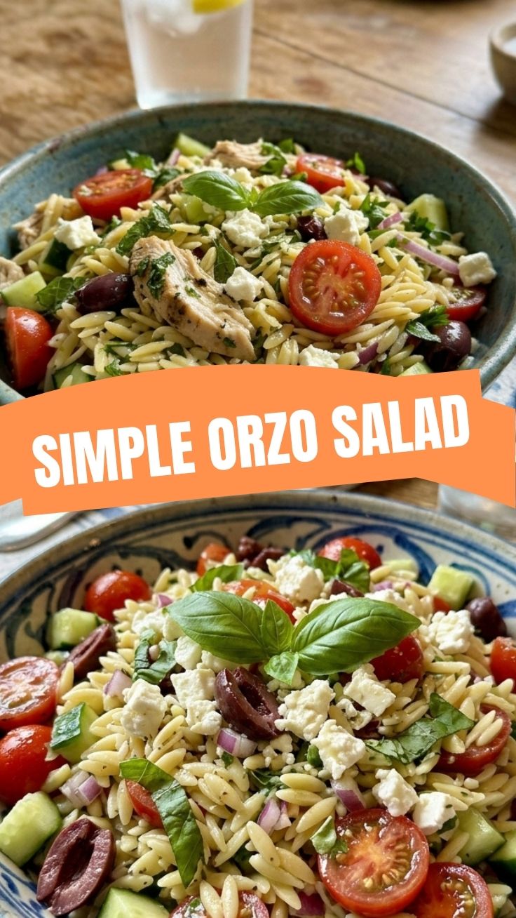A colorful summer orzo salad with fresh vegetables and herbs in a bowl.