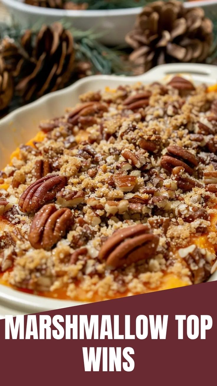 A cozy sweet potato casserole with a golden, toasted marshmallow topping, ready to be served.
