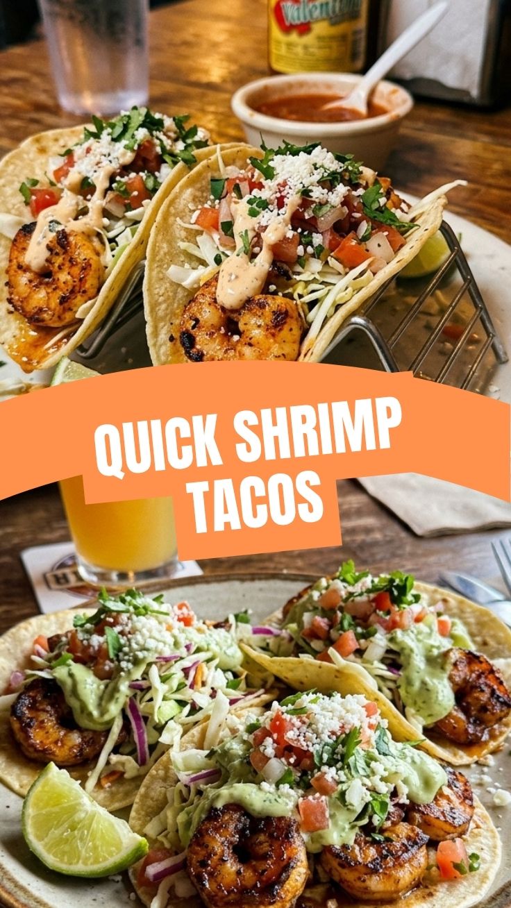 Delicious shrimp tacos with fresh toppings on a white plate.