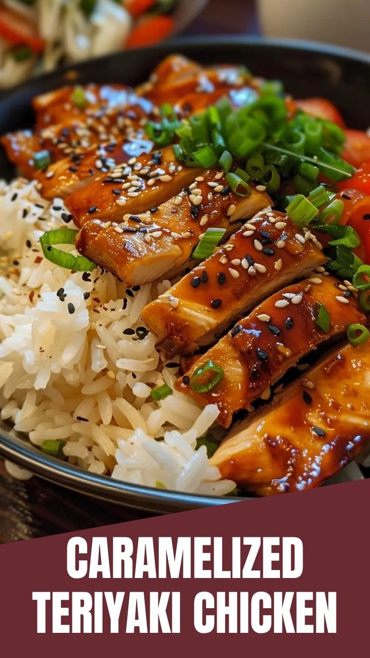 A close-up of delicious teriyaki chicken glazed with a savory sauce and garnished.