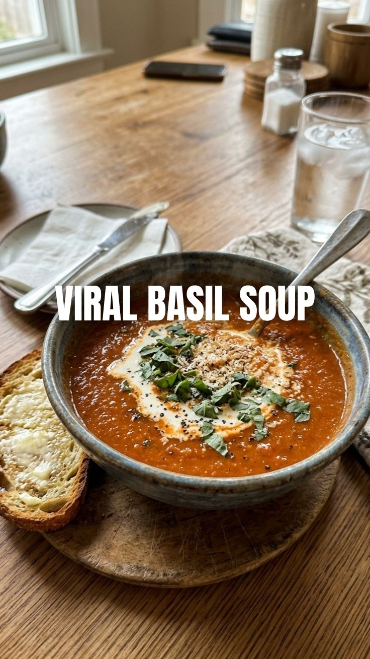 A steaming bowl of red tomato basil soup with fresh basil leaves on top