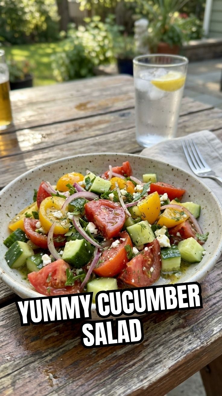 A vibrant bowl of fresh tomato cucumber salad, perfect for summer.