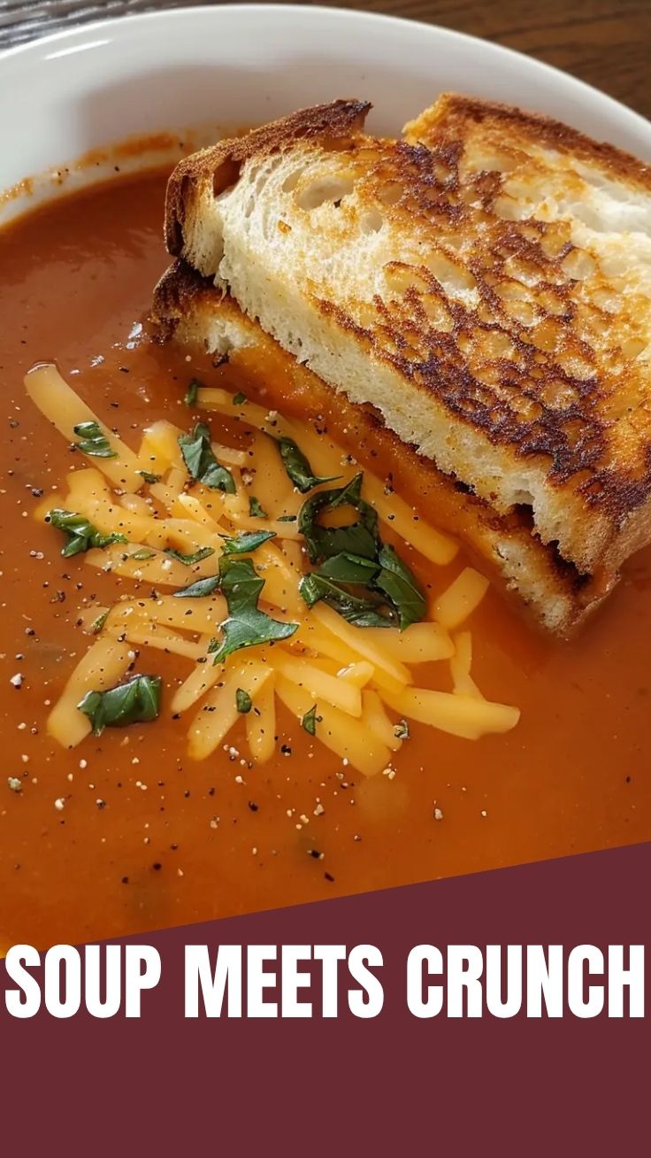 A hot bowl of tomato soup paired with a crispy grilled cheese sandwich.