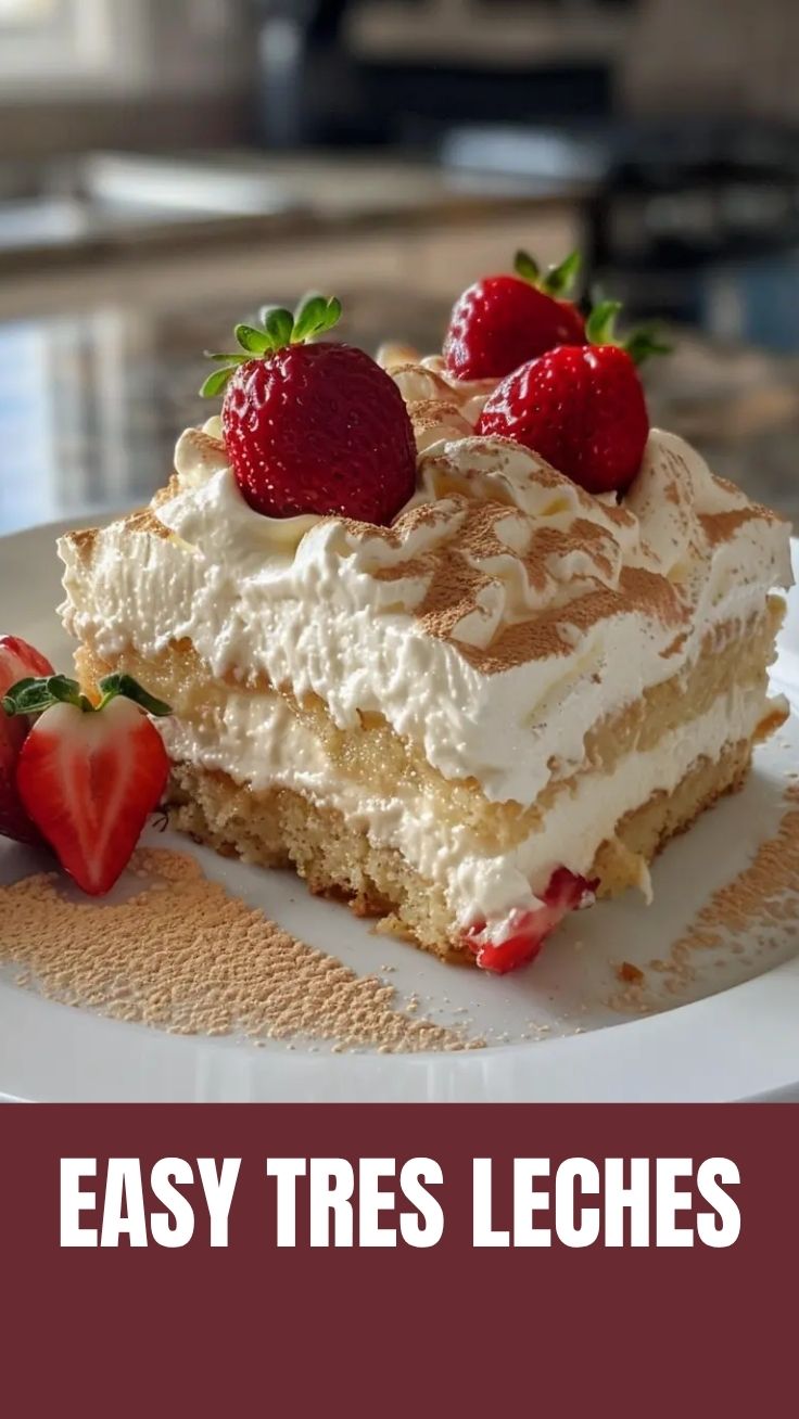 A delectable slice of Tres Leches cake with a pristine white topping.