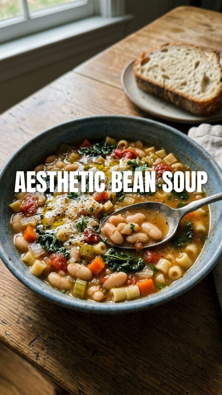 A rustic bowl of Tuscan white bean soup with fresh herbs