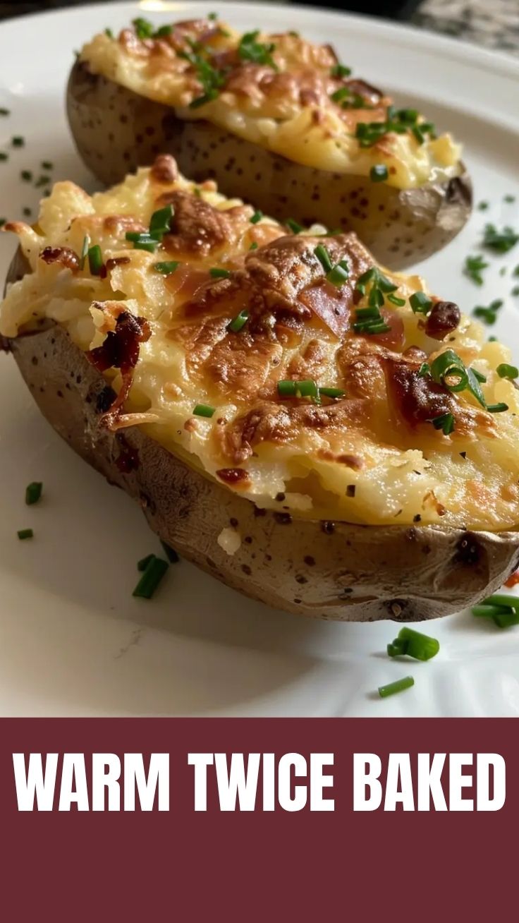 A golden brown twice baked potato garnished with chives.