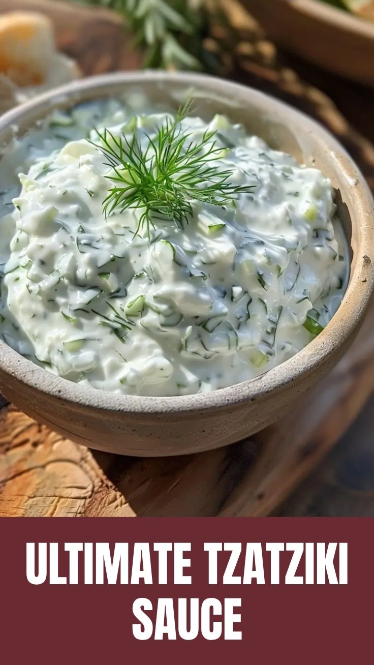 A bowl of fresh Tzatziki sauce garnished with dill.