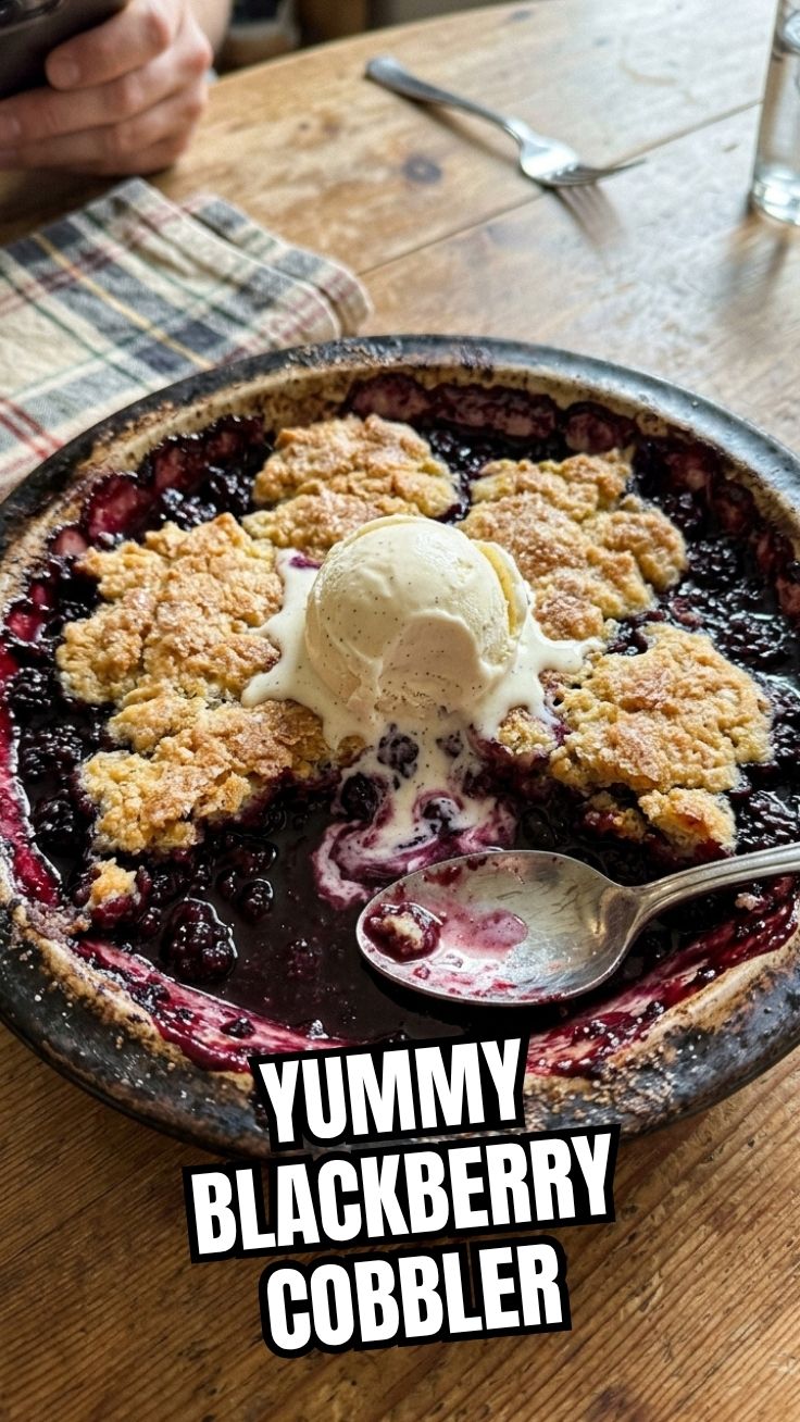 A warm, bubbling blackberry cobbler in a rustic baking dish.