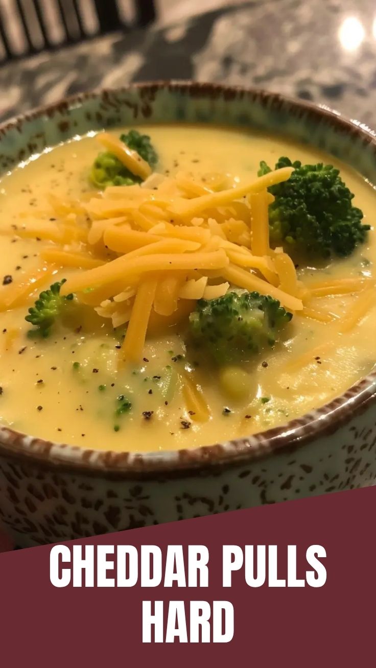 A bowl of warm broccoli cheddar soup with fresh broccoli florets