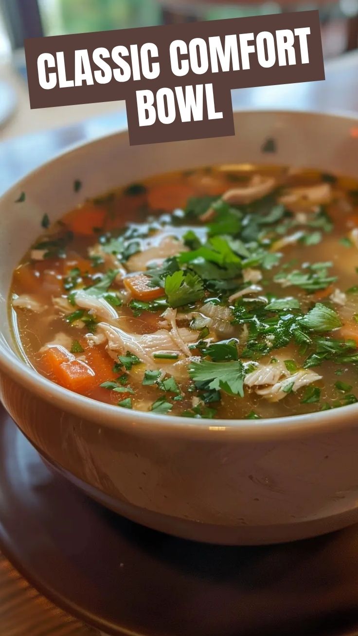 A steaming bowl of chicken soup with vegetables.