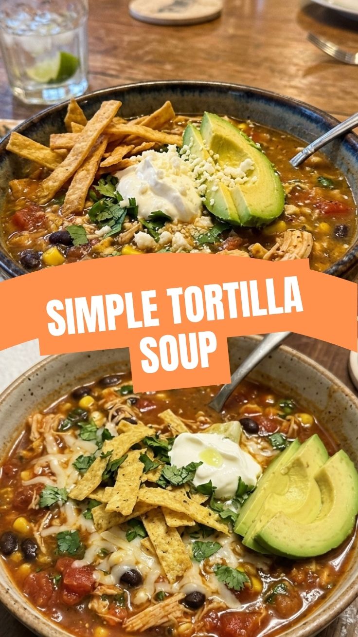 A steaming bowl of chicken tortilla soup garnished with fresh avocado and cilantro.