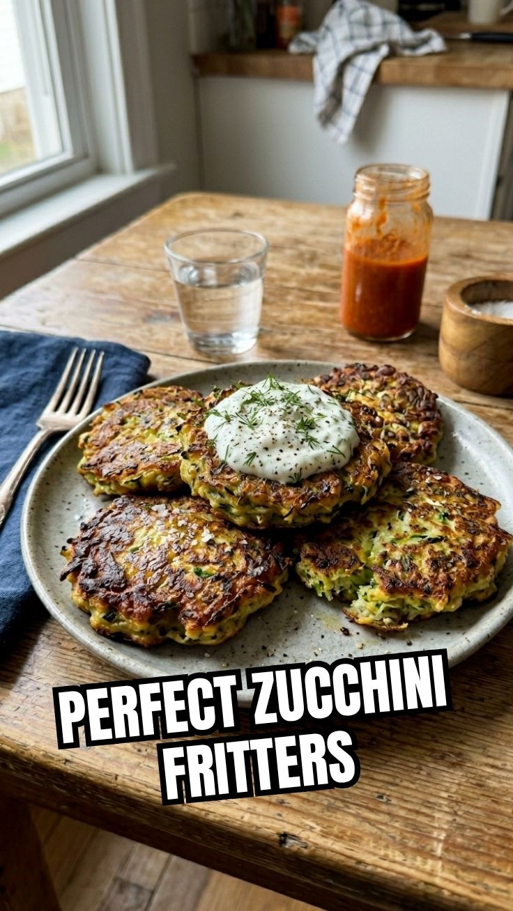 A plate of golden-brown zucchini fritters, perfectly cooked and ready to serve.