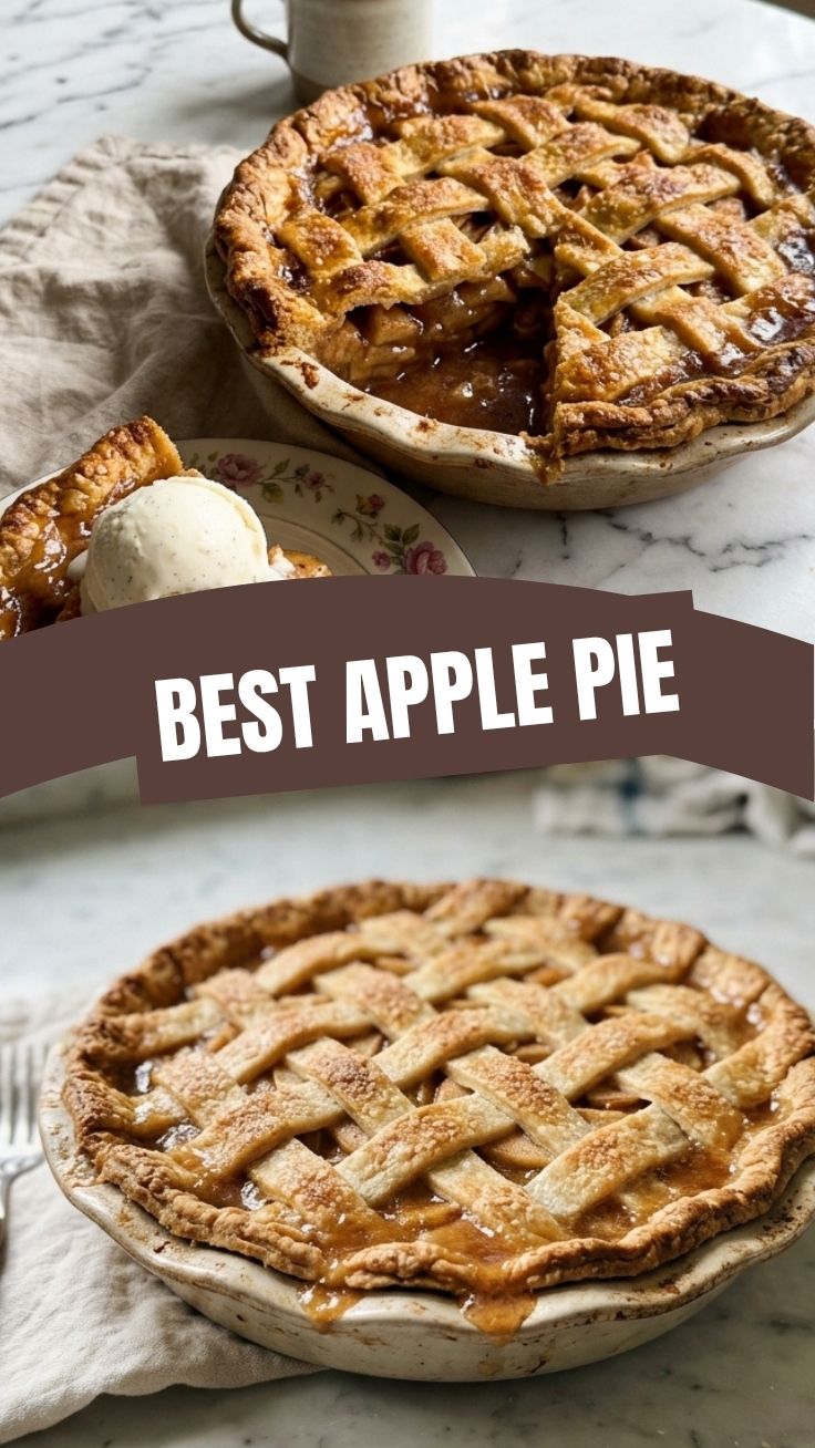 A perfectly baked apple pie with a golden, flaky crust on a cooling rack.