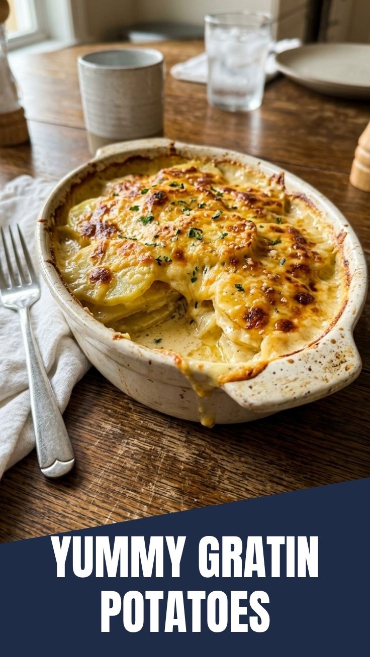 Delicious Au Gratin Potatoes, golden brown and bubbly from the oven