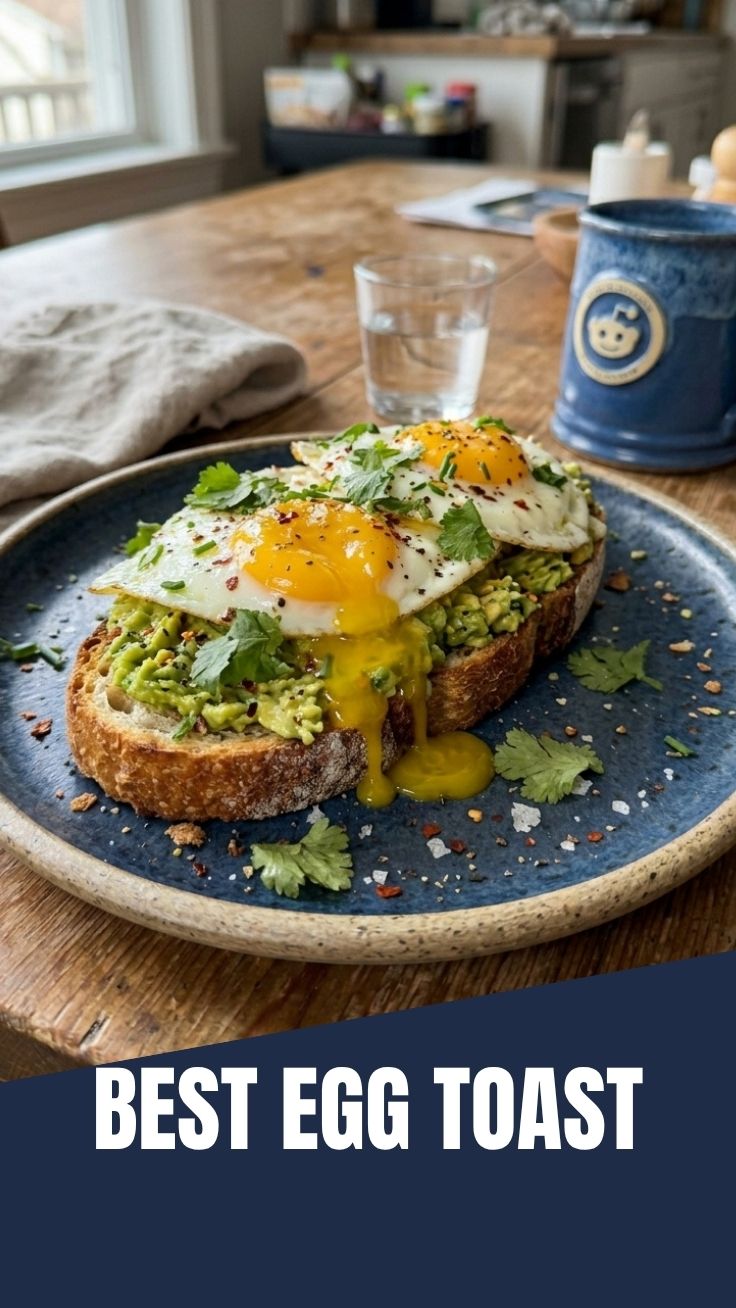 Avocado Egg Toast with high protein content, featuring perfectly cooked eggs and mashed avocado on toasted bread.