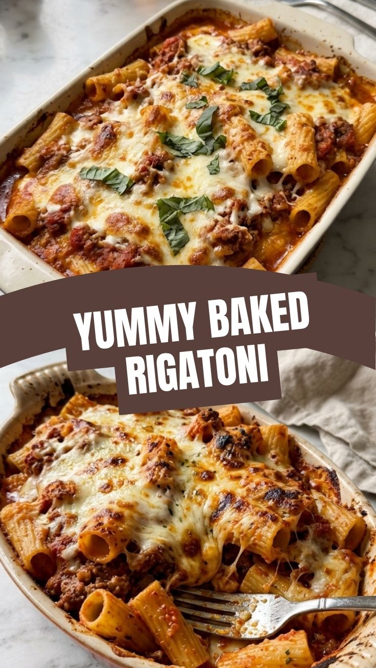A close-up shot of hot baked rigatoni with melted cheese and sauce.