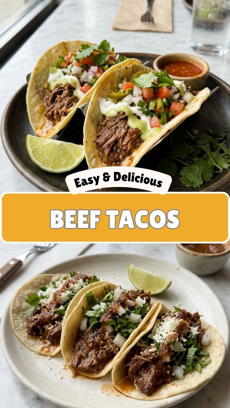 Close-up of three beef tacos with fresh toppings