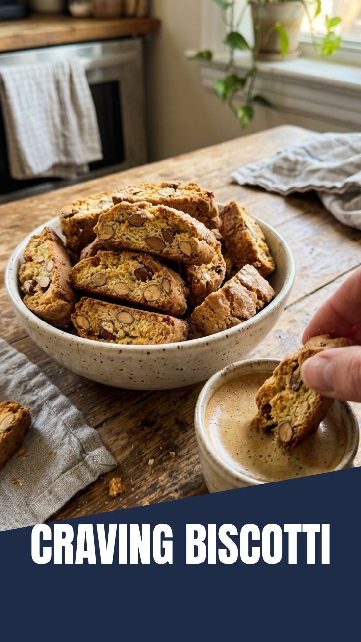 A close-up of crunchy Italian almond biscotti, perfectly baked.