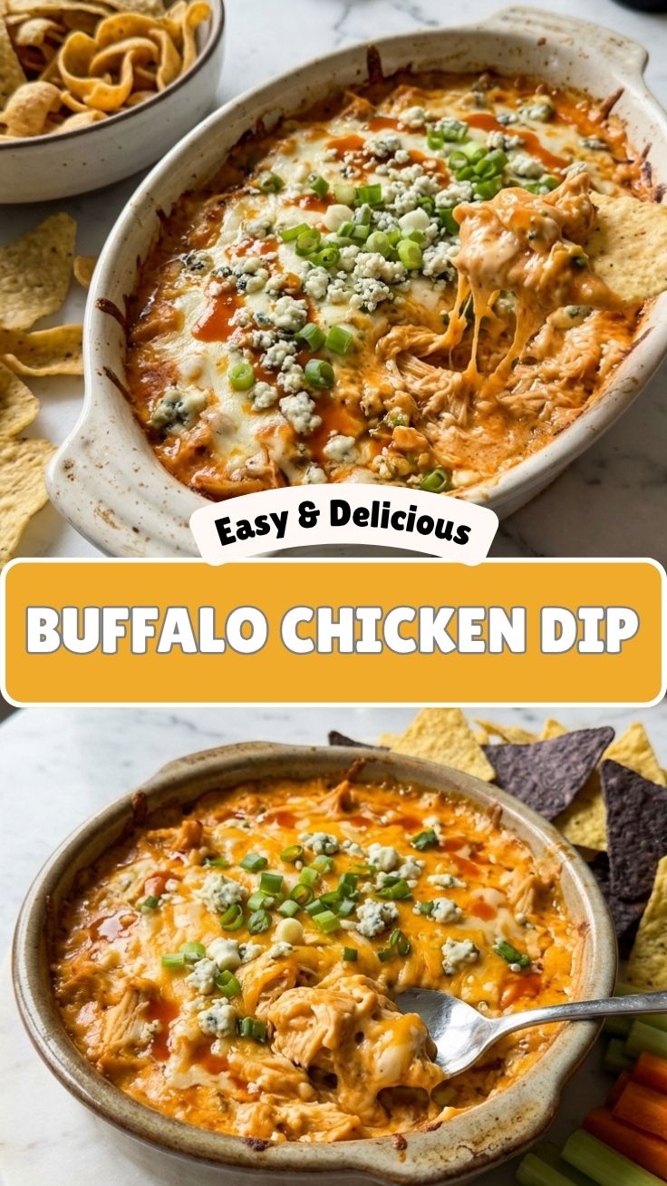 A hot and cheesy buffalo chicken dip in a baking dish, ready to serve.