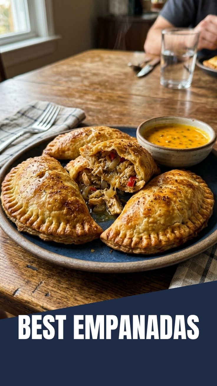A plate of freshly baked chicken empanadas, golden brown and savory.