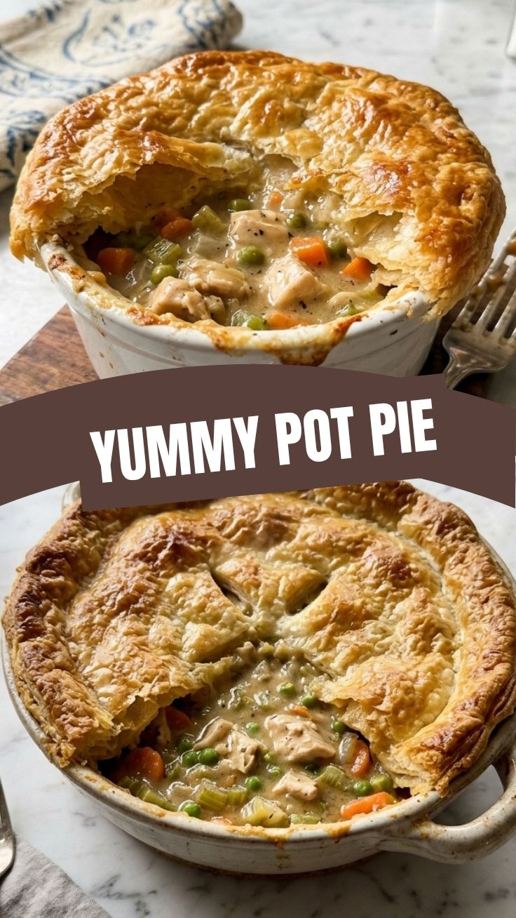 A golden-crusted chicken pot pie fresh from the oven, served in a rustic dish.