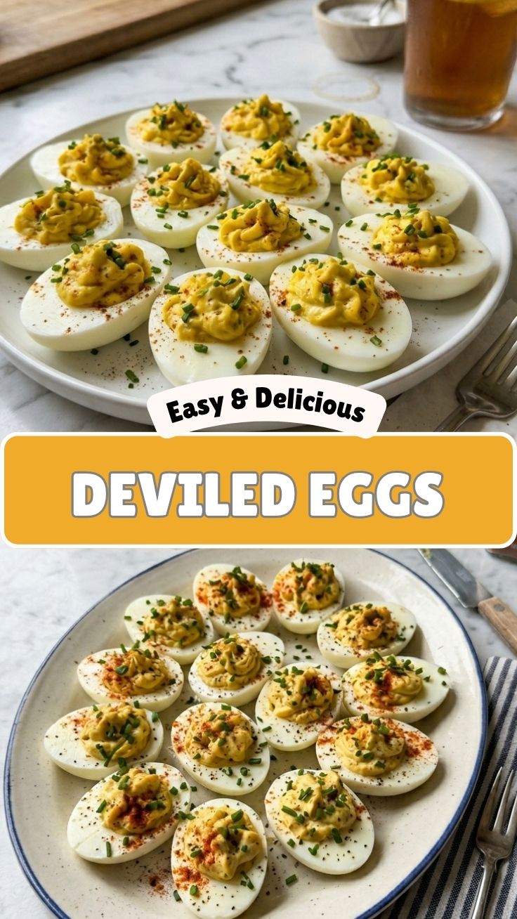 A platter of classic deviled eggs, neatly arranged and garnished.