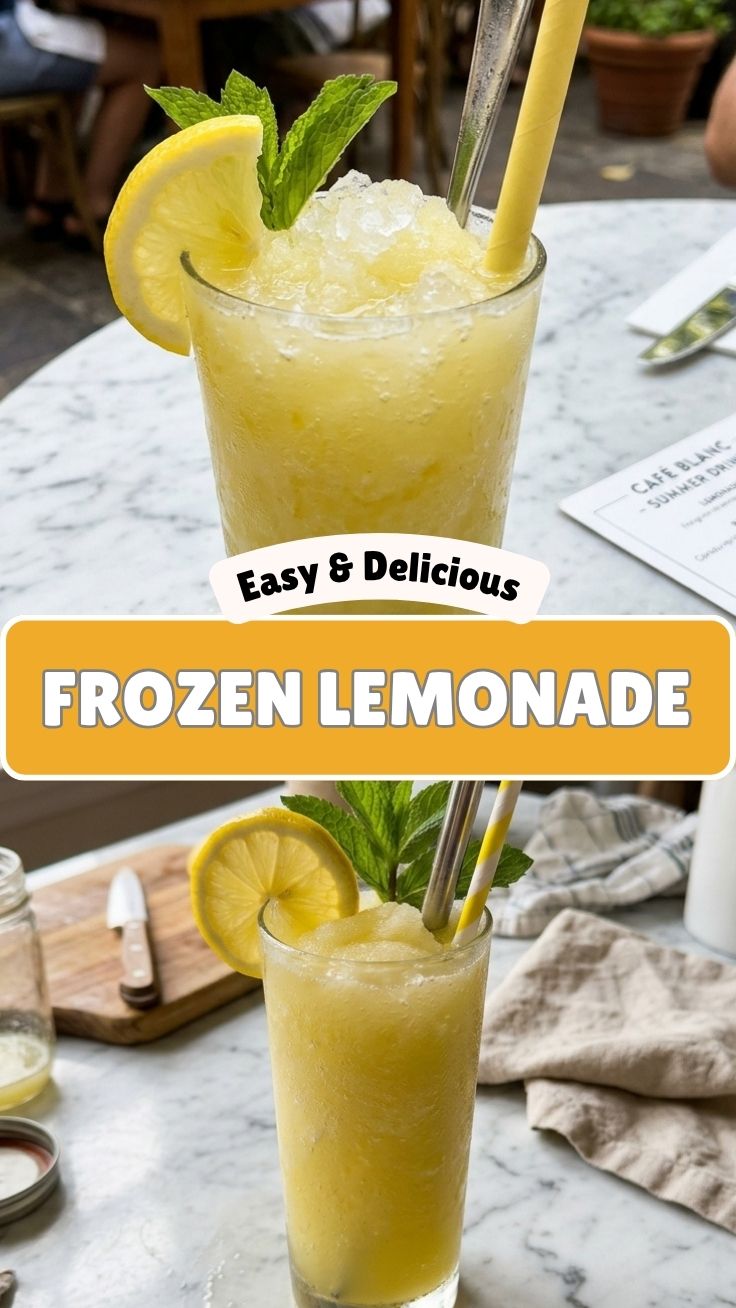A tall glass of ice-cold frozen lemonade, perfect for summer.