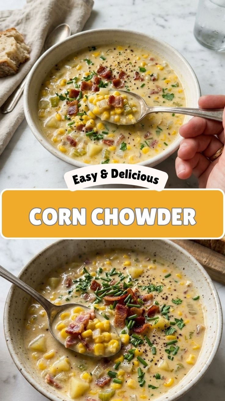 A steaming bowl of hearty corn chowder, ready to eat