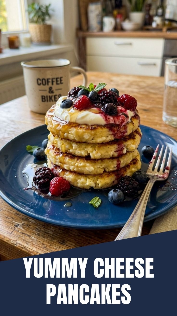 A stack of fluffy cottage cheese pancakes dusted with powdered sugar.