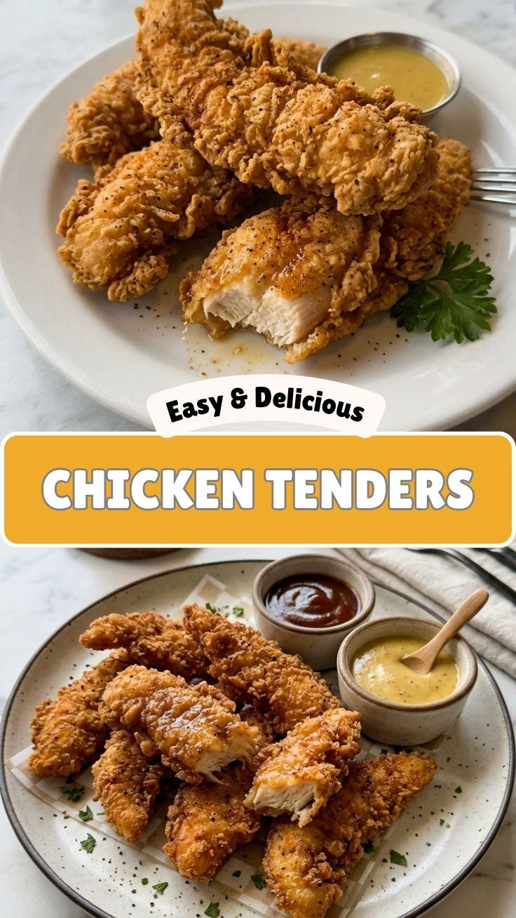 Golden-brown crispy chicken tenders, perfectly fried to a juicy finish.