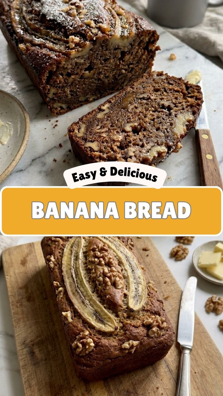 A freshly baked loaf of banana bread cooling on a wire rack.
