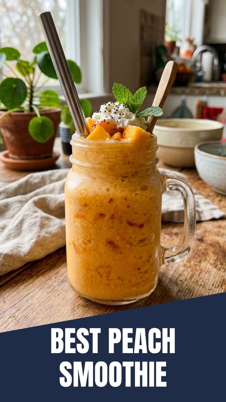 A vibrant peach smoothie in a clear glass with fresh peach slices for garnish.