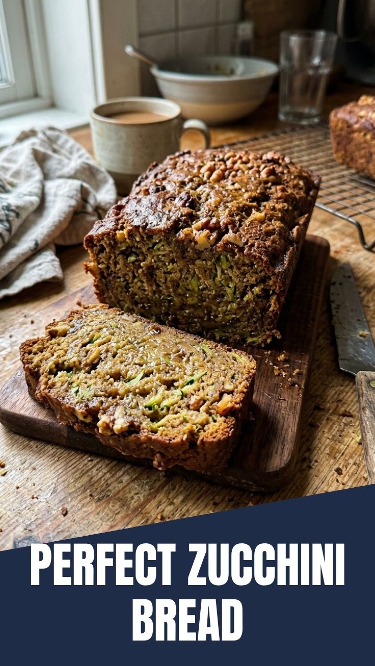 A freshly baked loaf of zucchini bread, golden brown and moist