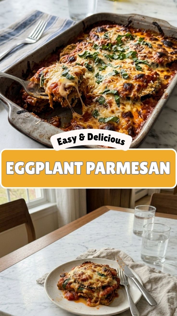 A serving of savory eggplant parmesan with melted cheese and fresh basil.